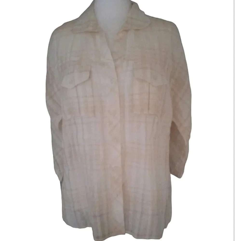 Lafayette 148 Muted Plaid Button Front Linen Blend Camp Style Shirt Size 10 - Picture 2 of 7